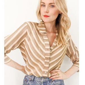 80s Neutral Striped Tan Button Down 3/4 Sleeve Top